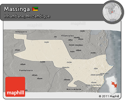 Shaded Relief Panoramic Map of Massinga, darken, semi-desaturated