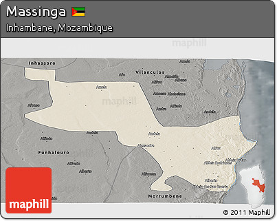 Shaded Relief Panoramic Map of Massinga, darken, semi-desaturated