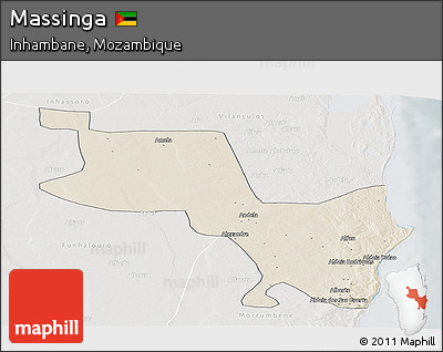 Shaded Relief Panoramic Map of Massinga, lighten, semi-desaturated