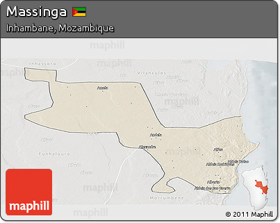 Shaded Relief Panoramic Map of Massinga, lighten, semi-desaturated