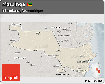 Shaded Relief Panoramic Map of Massinga, semi-desaturated