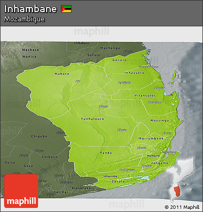 Physical Panoramic Map of Inhambane, darken, semi-desaturated