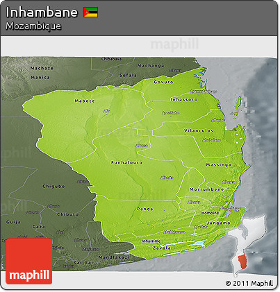 Physical Panoramic Map of Inhambane, darken, semi-desaturated