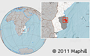 Gray Location Map of Vilanculos, highlighted country, highlighted parent region, hill shading