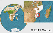 Satellite Location Map of Vilanculos, highlighted country, within the entire country