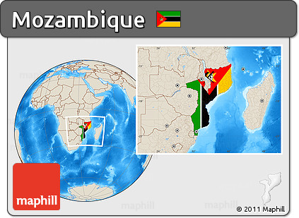 Flag Location Map of Mozambique, shaded relief outside