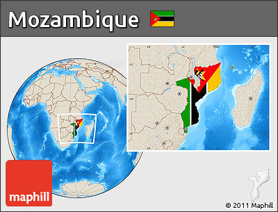 Flag Location Map of Mozambique, shaded relief outside