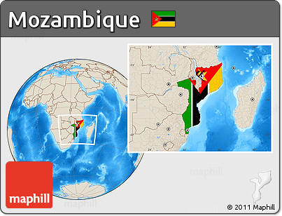 Flag Location Map of Mozambique, shaded relief outside
