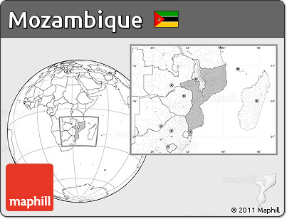 Gray Location Map of Mozambique, blank outside, hill shading inside