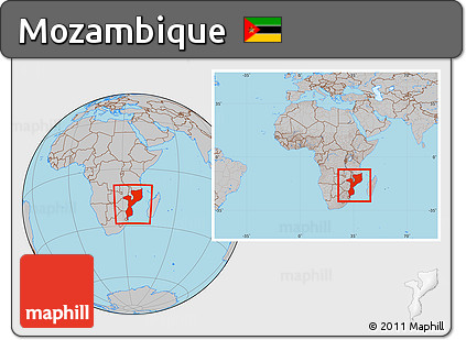 Gray Location Map of Mozambique, within the entire continent