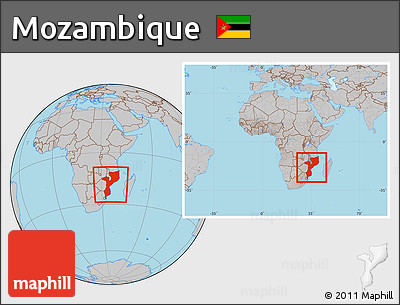 Gray Location Map of Mozambique, within the entire continent