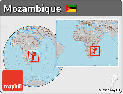 Gray Location Map of Mozambique, within the entire continent