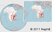 Gray Location Map of Mozambique, highlighted continent, within the entire continent, hill shading