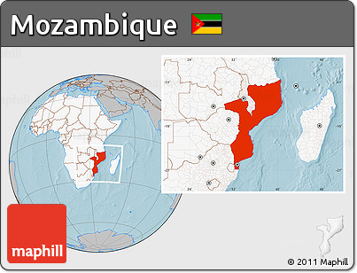 Gray Location Map of Mozambique, highlighted continent, hill shading