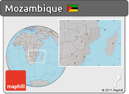 Gray Location Map of Mozambique, hill shading inside