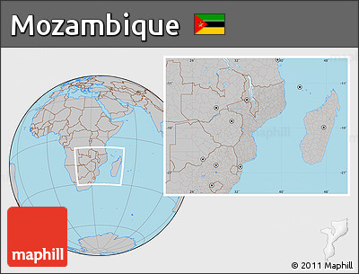 Gray Location Map of Mozambique, hill shading inside