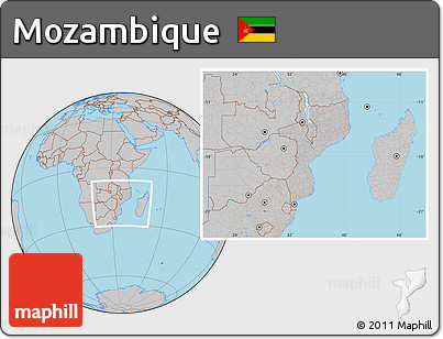 Gray Location Map of Mozambique, hill shading inside