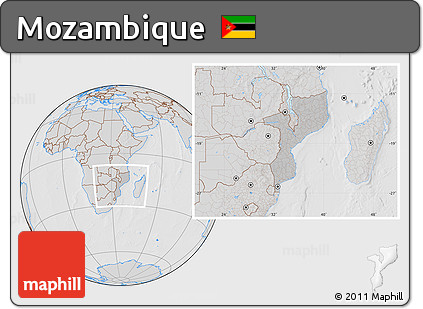 Gray Location Map of Mozambique, lighten, desaturated, hill shading