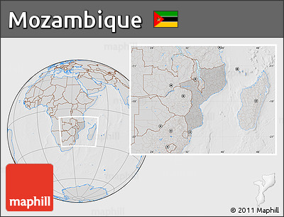 Gray Location Map of Mozambique, lighten, desaturated, hill shading