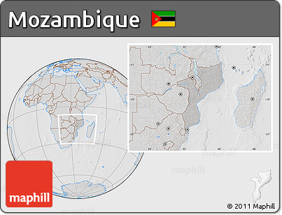 Gray Location Map of Mozambique, lighten, desaturated, hill shading