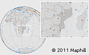 Gray Location Map of Mozambique, lighten, desaturated, hill shading