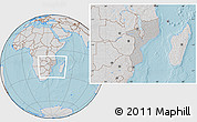 Gray Location Map of Mozambique, lighten, desaturated, land only, hill shading