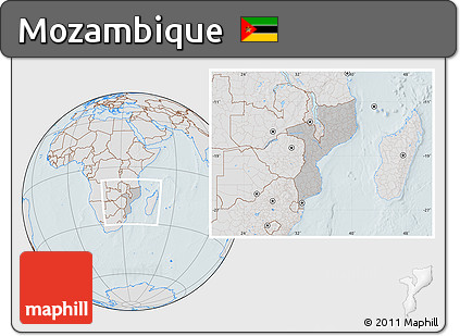 Gray Location Map of Mozambique, lighten, hill shading