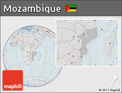 Gray Location Map of Mozambique, lighten, hill shading