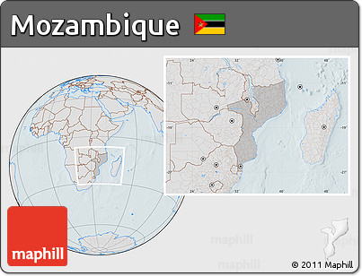 Gray Location Map of Mozambique, lighten, hill shading