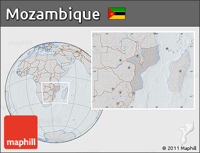 Gray Location Map of Mozambique, lighten, semi-desaturated, hill shading