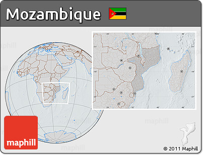 Gray Location Map of Mozambique, lighten, semi-desaturated, hill shading