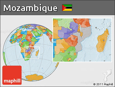 Gray Location Map of Mozambique, political outside, hill shading
