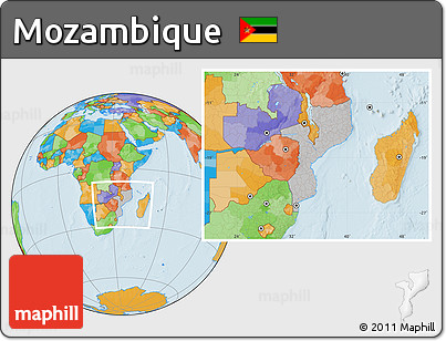 Gray Location Map of Mozambique, political outside, hill shading