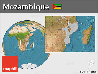 Gray Location Map of Mozambique, satellite outside, hill shading