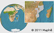 Gray Location Map of Mozambique, satellite outside, hill shading