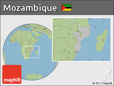 Gray Location Map of Mozambique, savanna style outside, hill shading inside