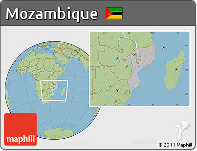 Gray Location Map of Mozambique, savanna style outside, hill shading inside