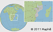 Gray Location Map of Mozambique, savanna style outside, hill shading inside