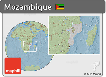 Gray Location Map of Mozambique, savanna style outside, hill shading outside