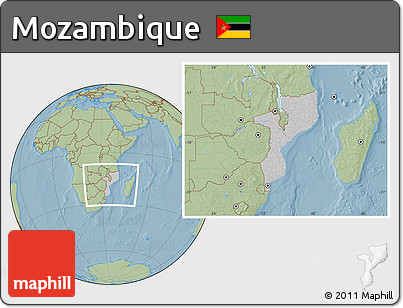 Gray Location Map of Mozambique, savanna style outside, hill shading outside