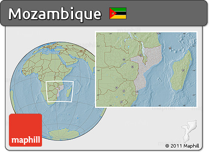 Gray Location Map of Mozambique, savanna style outside, hill shading