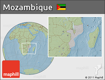 Gray Location Map of Mozambique, savanna style outside, hill shading