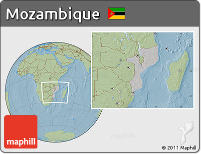 Gray Location Map of Mozambique, savanna style outside, hill shading
