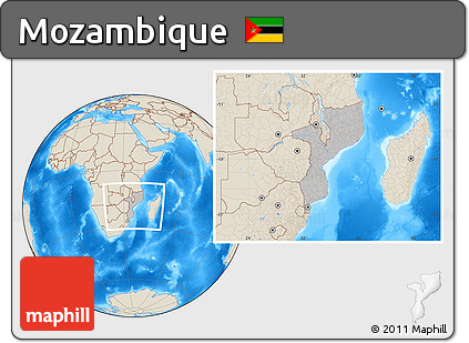 Gray Location Map of Mozambique, shaded relief outside, hill shading
