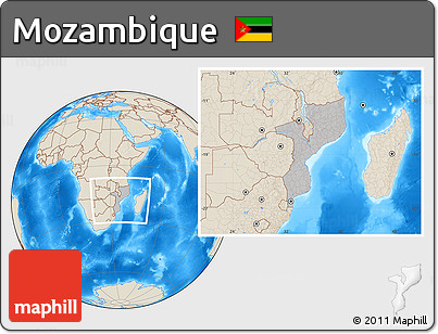 Gray Location Map of Mozambique, shaded relief outside, hill shading