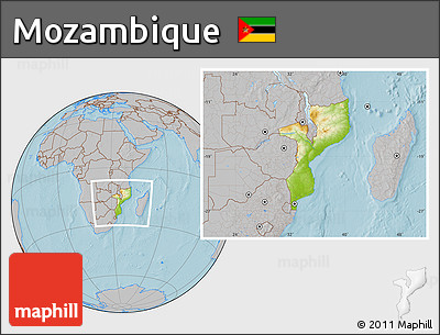 Physical Location Map of Mozambique, gray outside, hill shading