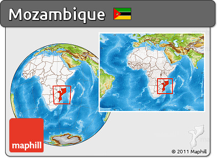 Physical Location Map of Mozambique, highlighted continent, within the entire continent