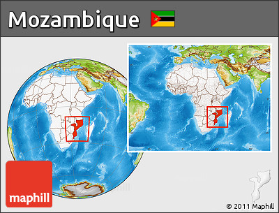 Physical Location Map of Mozambique, highlighted continent, within the entire continent