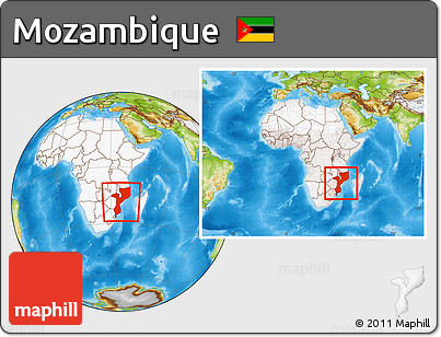 Physical Location Map of Mozambique, highlighted continent, within the entire continent