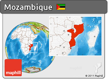 Physical Location Map of Mozambique, highlighted continent